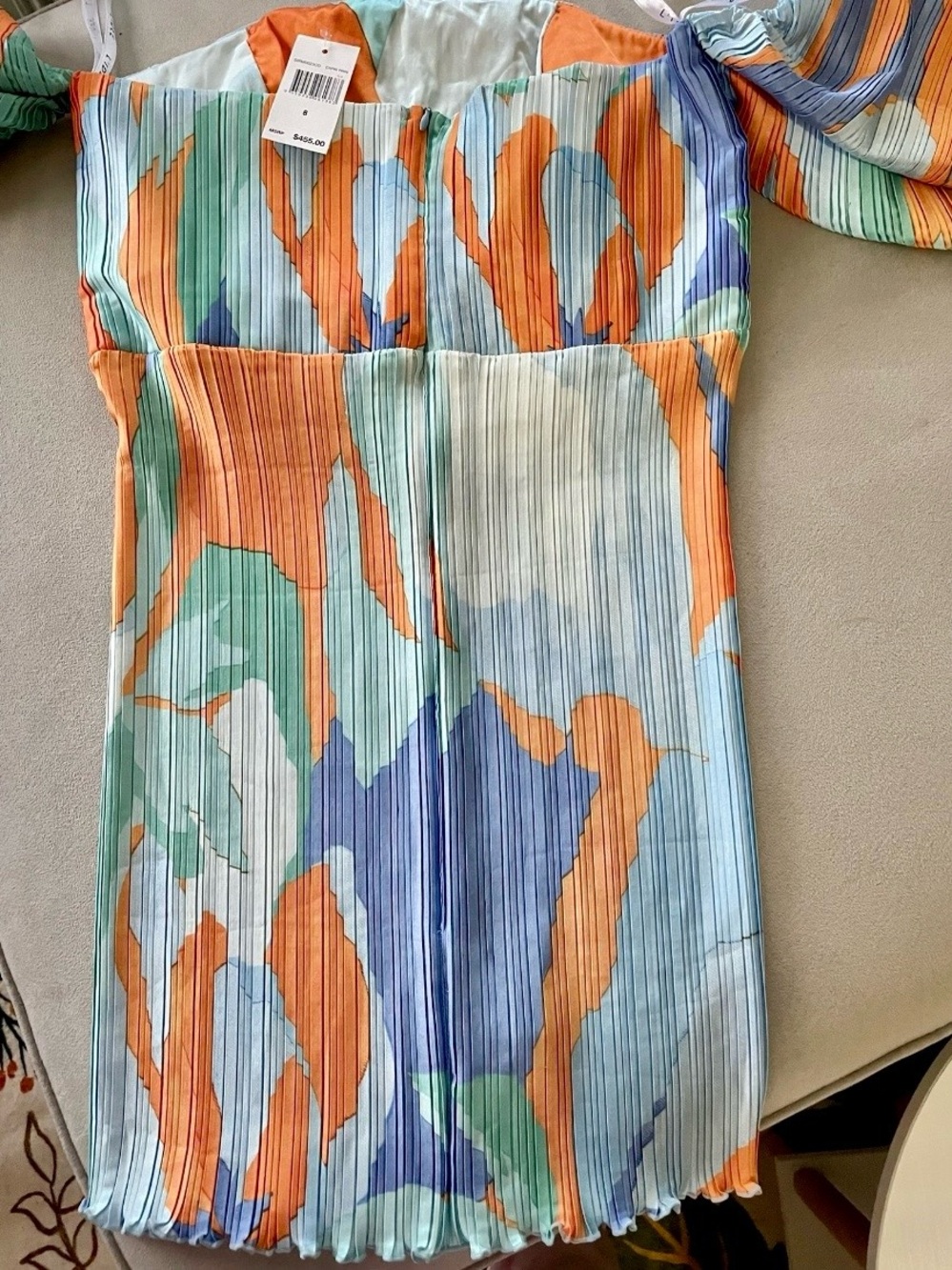 Off-Shoulder Pleated Mini Dress in Blue, Orange and Mint